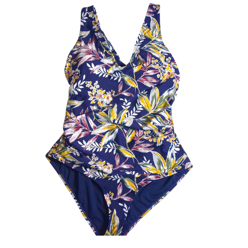 Anne Cole Navy Floral Shirred Side One Piece Swimsuit Size 12